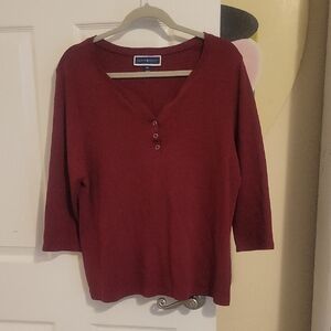Karen Scott SzPXL Burgundy 1/4 vneck buttonup, 100% Cotton Top